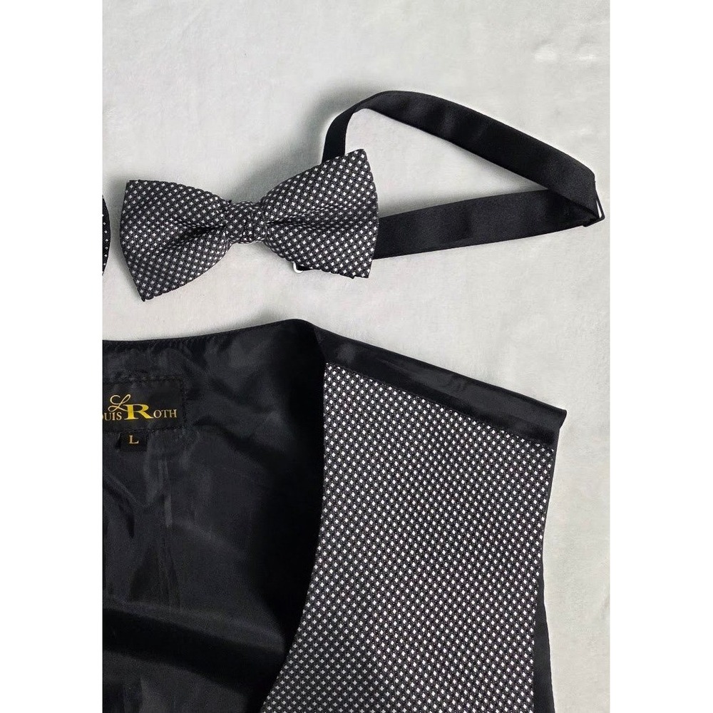 Louis Roth Mens Sz L Black Silver Micro Dot Tuxedo Vest & Bow